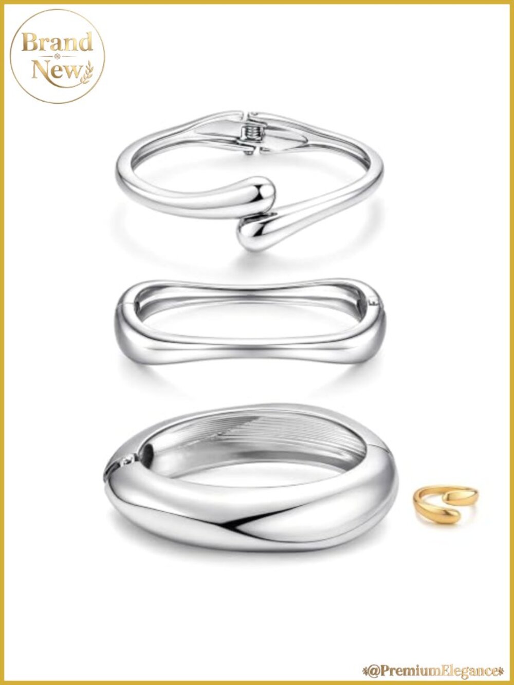 3 Stackable Chunky Gold Plated Bangle Bracelets with Adjustable Ring, Jewelry